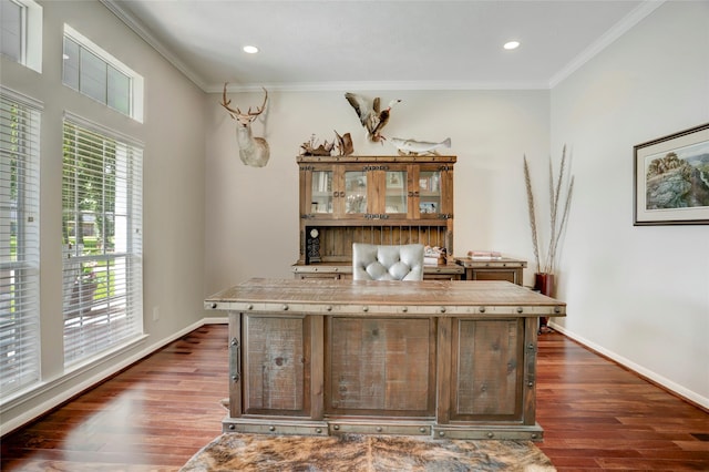 3350 Precinct Line Rd, Richmond, TX 77406 - office space featuring ornamental molding, dark wood finished floors, baseboards, and recessed lighting