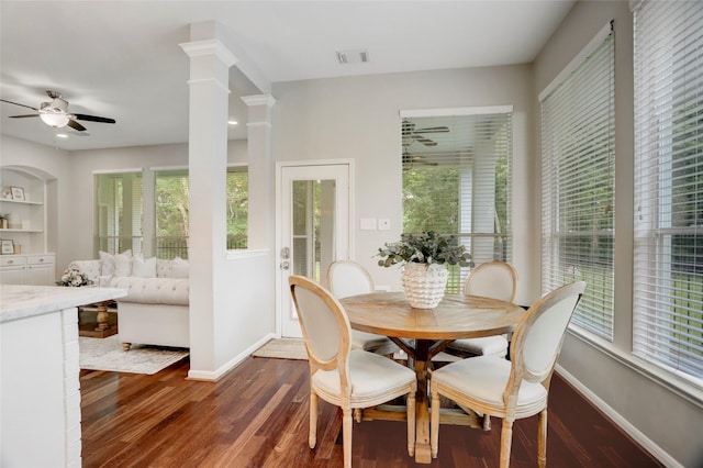 3350 Precinct Line Rd, Richmond, TX 77406 - dining area with ceiling fan, dark wood-style flooring, and baseboards