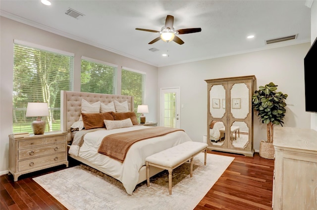 3350 Precinct Line Rd, Richmond, TX 77406 - bedroom featuring dark wood finished floors, crown molding, ceiling fan, and recessed lighting