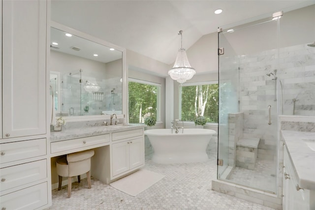 3350 Precinct Line Rd, Richmond, TX 77406 - bathroom featuring vanity, a stall shower, a freestanding tub, recessed lighting, and lofted ceiling