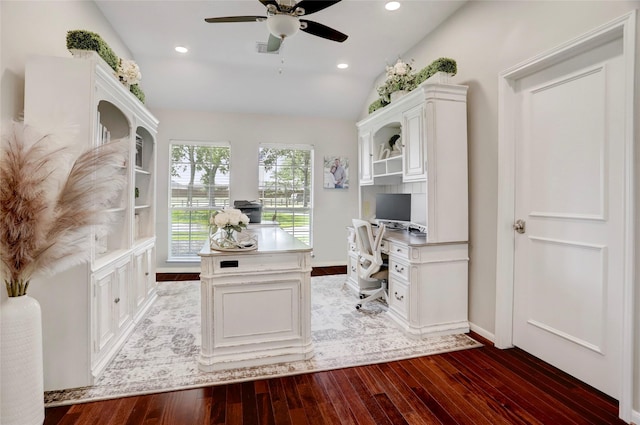 3350 Precinct Line Rd, Richmond, TX 77406 - unfurnished office featuring hardwood / wood-style flooring, vaulted ceiling, ceiling fan, built in study area, and baseboards
