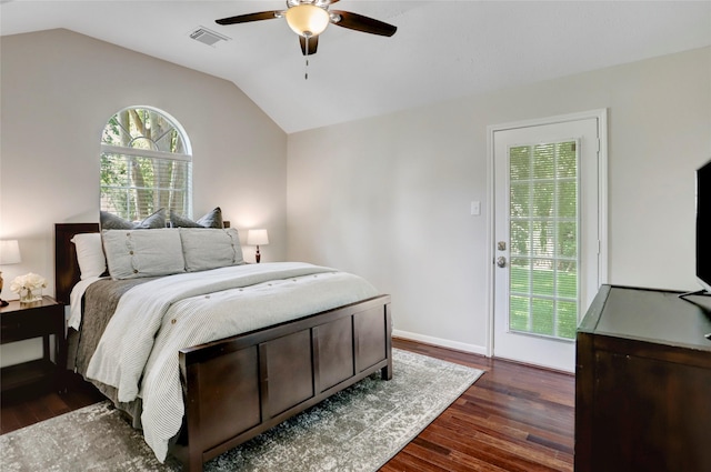3350 Precinct Line Rd, Richmond, TX 77406 - bedroom featuring lofted ceiling, dark wood-type flooring, a ceiling fan, and baseboards