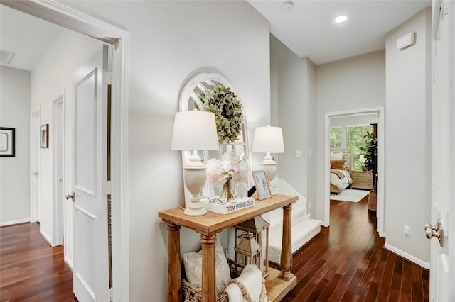 3350 Precinct Line Rd, Richmond, TX 77406 - hall with dark wood-style flooring, recessed lighting, and baseboards