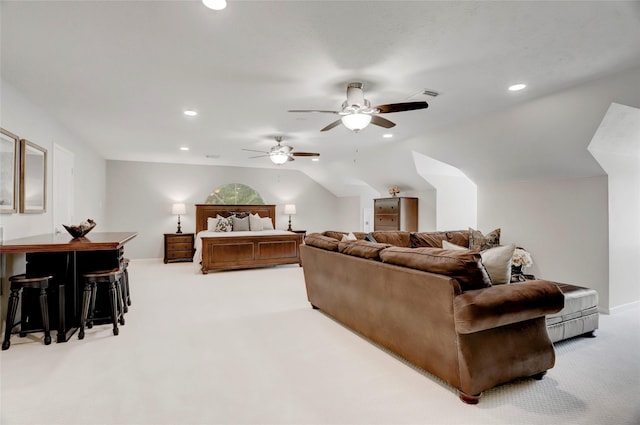 3350 Precinct Line Rd, Richmond, TX 77406 - carpeted living room with a ceiling fan, vaulted ceiling, and recessed lighting