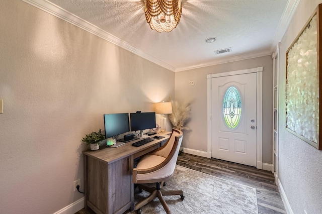 29742 Geneva Dr, Spring, TX 77386 - office space featuring wood finished floors, ornamental molding, a textured ceiling, a chandelier, and baseboards