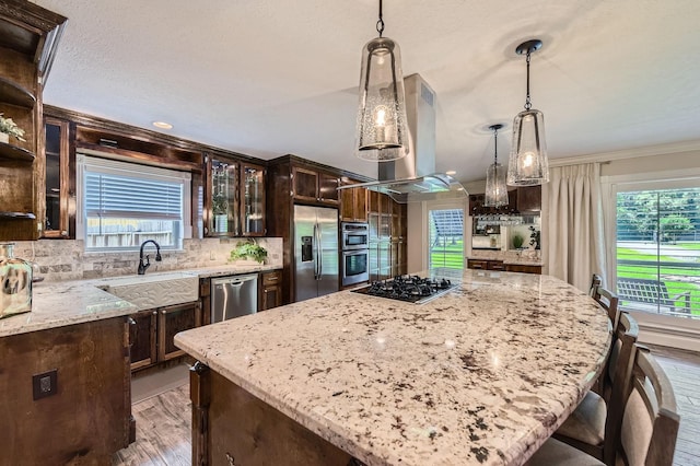 29742 Geneva Dr, Spring, TX 77386 - kitchen featuring stainless steel appliances, light wood finished floors, dark brown cabinetry, a sink, and crown molding