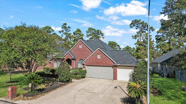 8511 Silver Lure Dr, Humble, TX 77346 - traditional-style home featuring driveway, brick siding, an attached garage, a front lawn, and a chimney