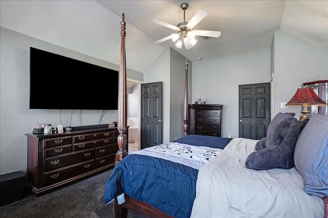 8511 Silver Lure Dr, Humble, TX 77346 - bedroom featuring lofted ceiling, dark carpet, and ceiling fan