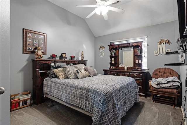 8511 Silver Lure Dr, Humble, TX 77346 - bedroom with carpet, lofted ceiling, and a ceiling fan