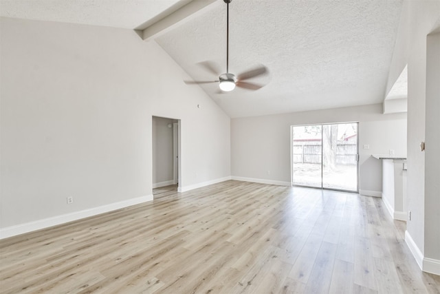 23203 Pennsgrove Rd, Spring, TX 77373 - unfurnished living room featuring ceiling fan, light wood-type flooring, baseboards, and a textured ceiling