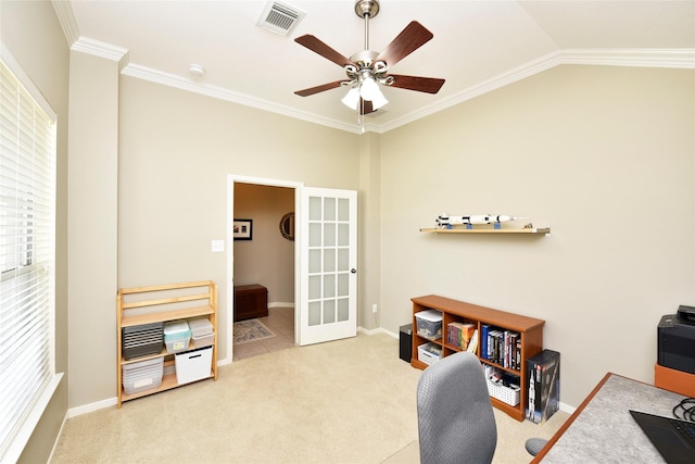 711 Shenandoah Falls Ln, Rosenberg, TX 77469 - office area with a ceiling fan, crown molding, carpet, lofted ceiling, and french doors