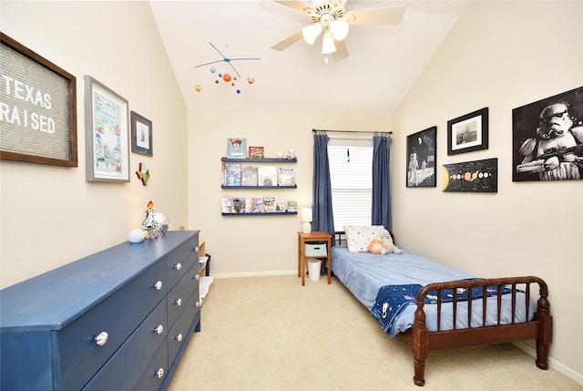 711 Shenandoah Falls Ln, Rosenberg, TX 77469 - bedroom with baseboards, light colored carpet, a ceiling fan, and high vaulted ceiling