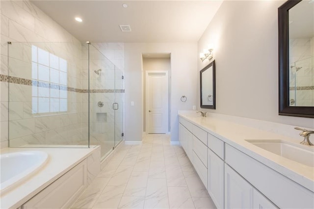 821 Dunleigh Meadows Ln, Houston, TX 77055 - full bathroom with a stall shower, marble finish floors, a garden tub, double vanity, and recessed lighting