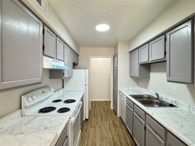 6500 Sands Point Dr Unit 114, Houston, TX 77074 - kitchen with under cabinet range hood, white appliances, gray cabinetry, wood finish floors, and a sink