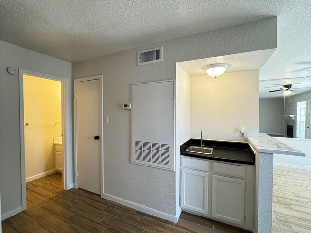 6500 Sands Point Dr Unit 114, Houston, TX 77074 - kitchen with a sink, a textured ceiling, wood tiled floors, ceiling fan, and baseboards