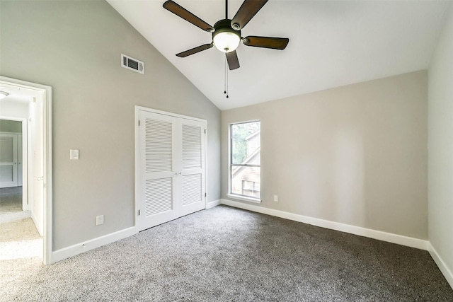 3522 Creekbriar Dr, Houston, TX 77068 - unfurnished bedroom with carpet floors, baseboards, high vaulted ceiling, a closet, and a ceiling fan