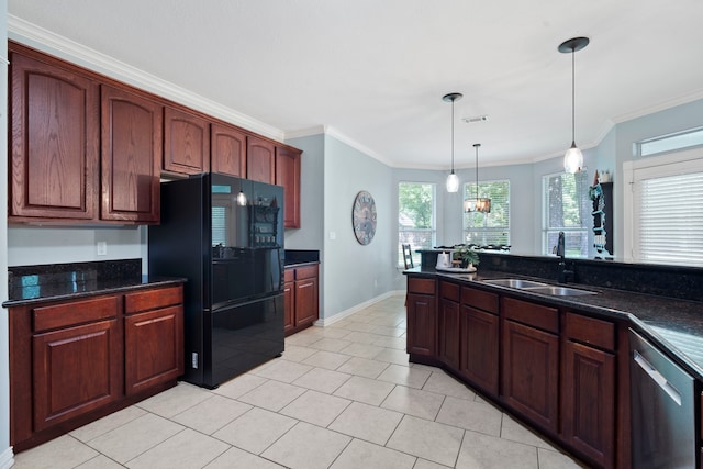 15 Rose Pine Ct, Magnolia, TX 77355 - kitchen with freestanding refrigerator, a sink, dishwasher, crown molding, and light tile patterned floors