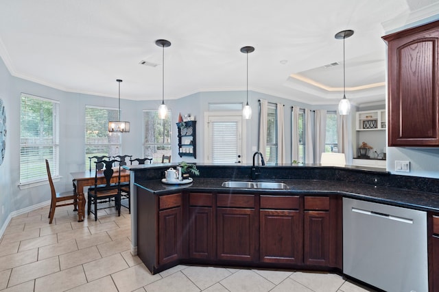 15 Rose Pine Ct, Magnolia, TX 77355 - kitchen with dishwasher, a sink, light tile patterned floors, hanging light fixtures, and baseboards