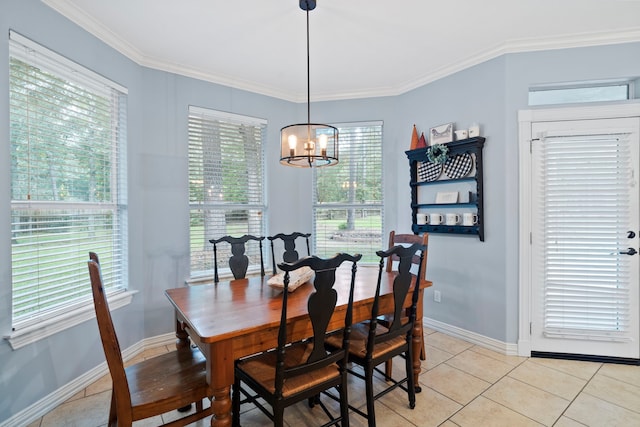 15 Rose Pine Ct, Magnolia, TX 77355 - dining room featuring a chandelier, light tile patterned floors, baseboards, and ornamental molding