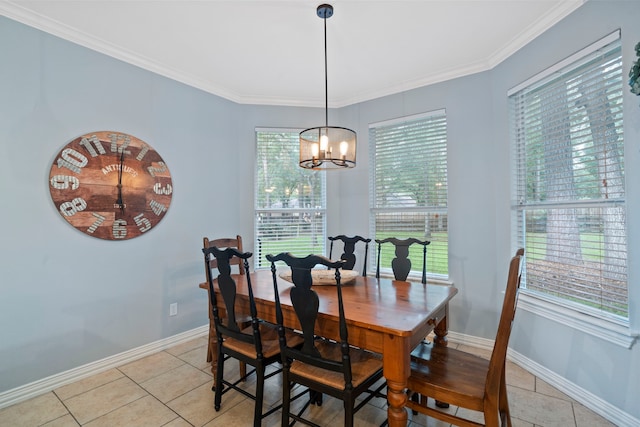 15 Rose Pine Ct, Magnolia, TX 77355 - dining room with a chandelier, light tile patterned flooring, plenty of natural light, baseboards, and ornamental molding