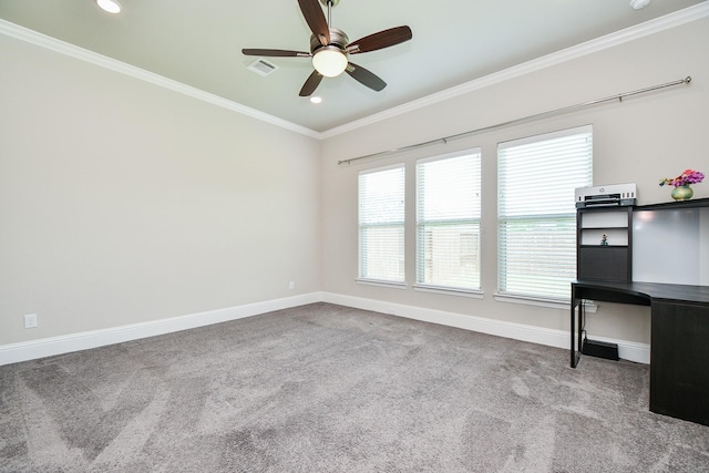 2334 Twin Rose Dr, Missouri City, TX 77459 - unfurnished office with baseboards, carpet, crown molding, ceiling fan, and recessed lighting
