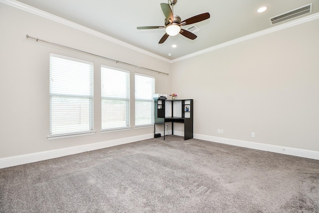 2334 Twin Rose Dr, Missouri City, TX 77459 - carpeted empty room with crown molding, a ceiling fan, baseboards, and recessed lighting