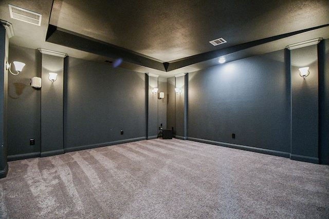 2334 Twin Rose Dr, Missouri City, TX 77459 - cinema with carpet, a raised ceiling, baseboards, and decorative columns