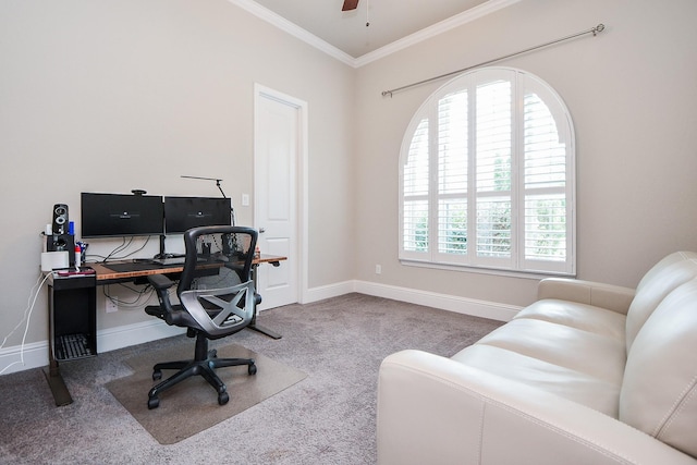 2334 Twin Rose Dr, Missouri City, TX 77459 - carpeted office space featuring crown molding, baseboards, and a ceiling fan