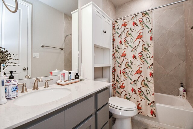 2334 Twin Rose Dr, Missouri City, TX 77459 - bathroom with vanity, toilet, tile patterned flooring, and shower / bathtub combination with curtain