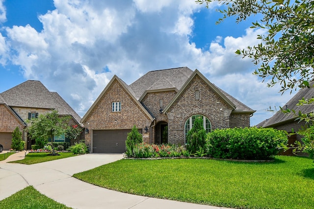 2334 Twin Rose Dr, Missouri City, TX 77459 - view of front of home featuring brick siding, concrete driveway, a front yard, roof with shingles, and a garage