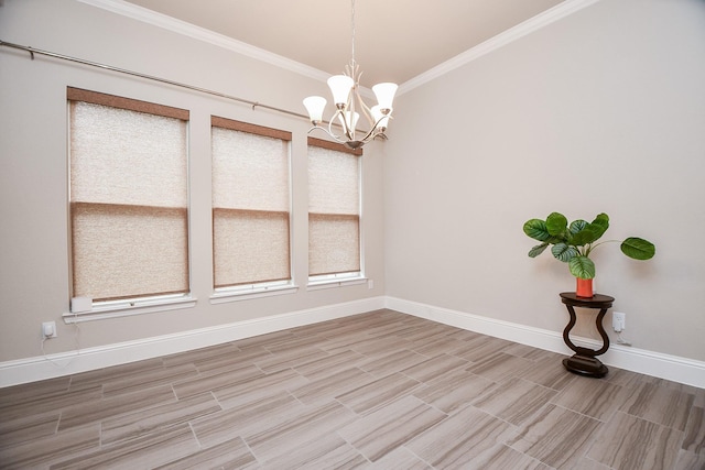 2334 Twin Rose Dr, Missouri City, TX 77459 - spare room with baseboards, ornamental molding, a chandelier, and wood tiled floors