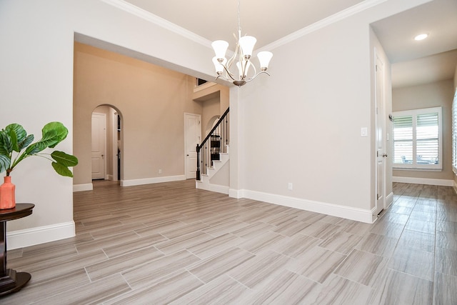 2334 Twin Rose Dr, Missouri City, TX 77459 - empty room featuring arched walkways, ornamental molding, baseboards, stairway, and a chandelier
