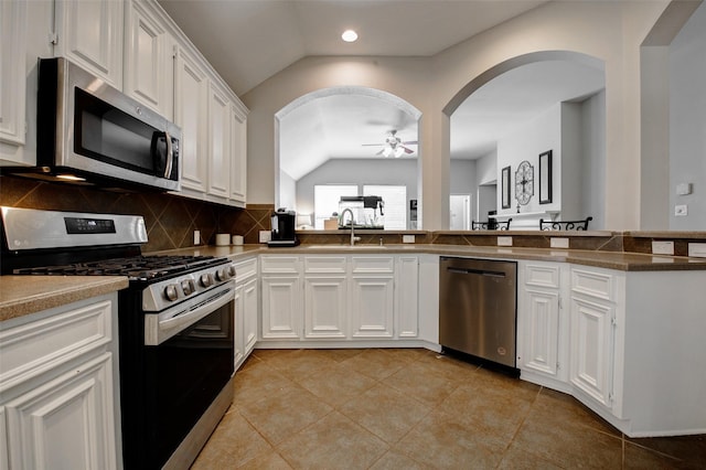 26622 Clear Mill Ln, Katy, TX 77494 - kitchen featuring appliances with stainless steel finishes, lofted ceiling, a sink, arched walkways, and a ceiling fan