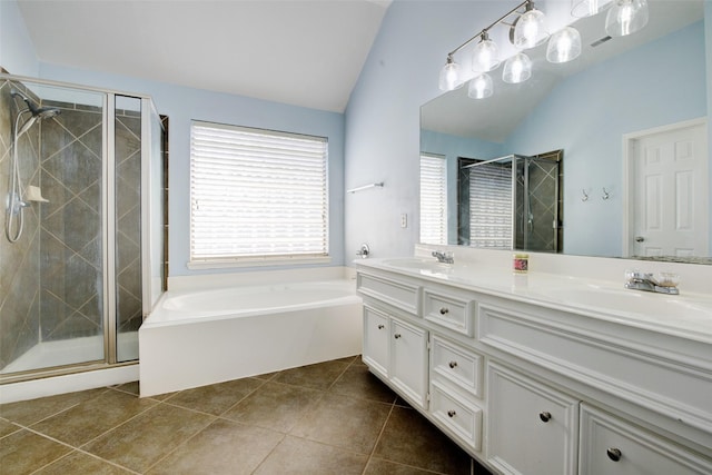 26622 Clear Mill Ln, Katy, TX 77494 - full bath featuring vaulted ceiling, double vanity, a stall shower, a bath, and tile patterned flooring