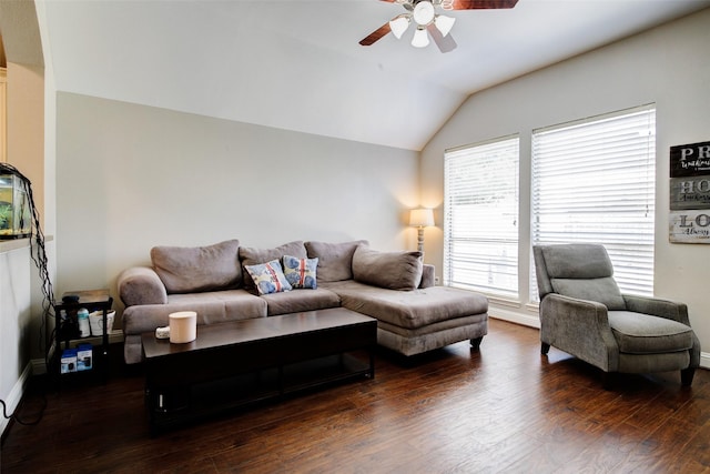 26622 Clear Mill Ln, Katy, TX 77494 - living room featuring ceiling fan, lofted ceiling, hardwood / wood-style flooring, and baseboards