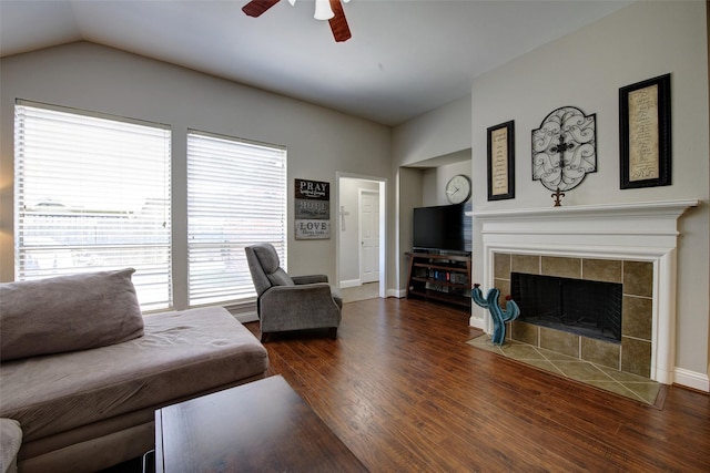 26622 Clear Mill Ln, Katy, TX 77494 - living area with ceiling fan, built in features, wood finished floors, lofted ceiling, and baseboards