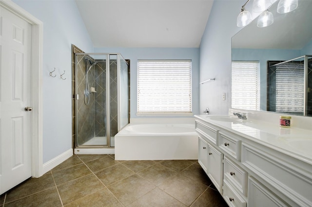 26622 Clear Mill Ln, Katy, TX 77494 - full bathroom featuring lofted ceiling, a stall shower, a bath, and double vanity