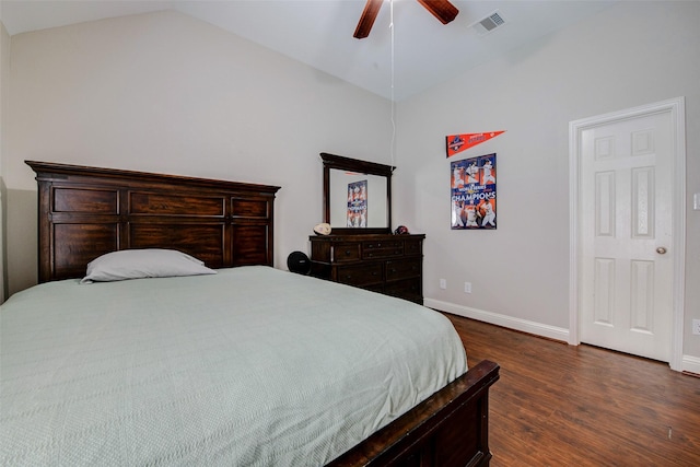 26622 Clear Mill Ln, Katy, TX 77494 - bedroom with dark wood-style flooring, baseboards, vaulted ceiling, and a ceiling fan