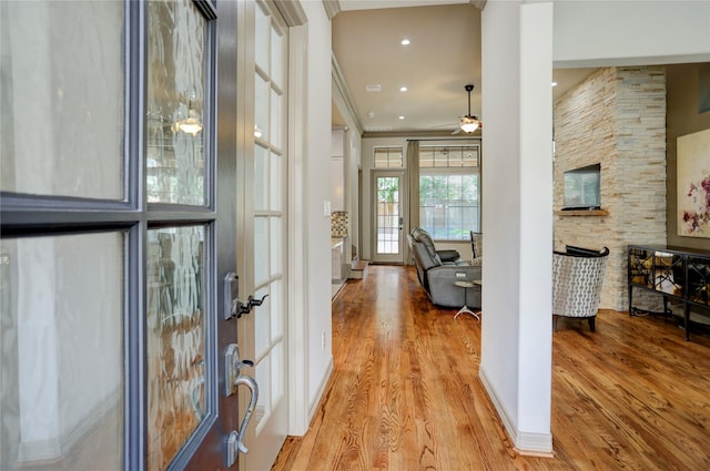 6710 Woodbend Park S, Houston, TX 77055 - foyer featuring light wood-style floors, ceiling fan, ornamental molding, recessed lighting, and french doors