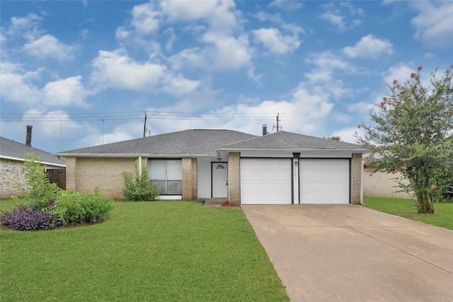 1323 Fieldstone, Missouri City, TX 77489 - ranch-style home featuring a garage, brick siding, driveway, a front yard, and roof with shingles