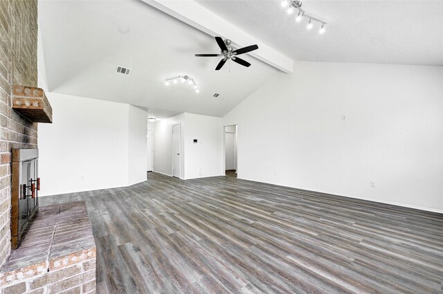 1323 Fieldstone, Missouri City, TX 77489 - unfurnished living room with a fireplace, wood finished floors, ceiling fan, and track lighting