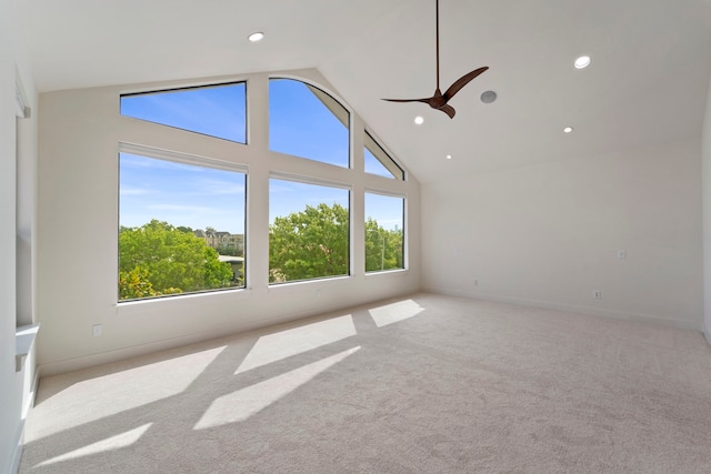 6217 Westcott St Unit B, Houston, TX 77007 - carpeted empty room with ceiling fan, high vaulted ceiling, recessed lighting, and baseboards