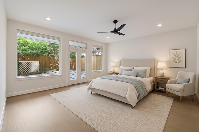 6217 Westcott St Unit B, Houston, TX 77007 - bedroom with access to exterior, wood finished floors, french doors, recessed lighting, and ceiling fan