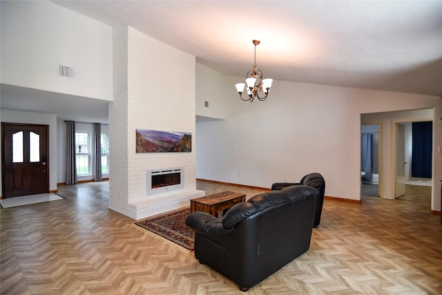 2106 Silver Falls Dr, Houston, TX 77339 - living area featuring a chandelier, baseboards, high vaulted ceiling, and a fireplace