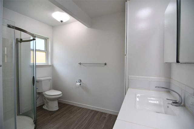 2106 Silver Falls Dr, Houston, TX 77339 - full bathroom featuring toilet, a shower stall, wood finished floors, and vanity