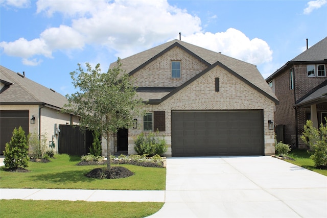 143 Nightshade St, Richmond, TX 77406 - french country inspired facade with brick siding, a front yard, concrete driveway, a garage, and roof with shingles