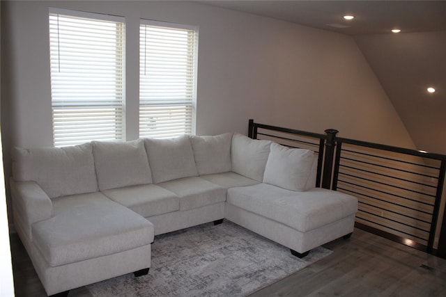 143 Nightshade St, Richmond, TX 77406 - living area with wood finished floors, recessed lighting, and lofted ceiling