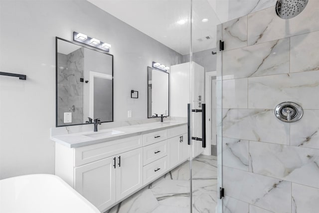 5029 Creekmont Dr, Houston, TX 77091 - bathroom featuring a marble finish shower, a soaking tub, and double vanity