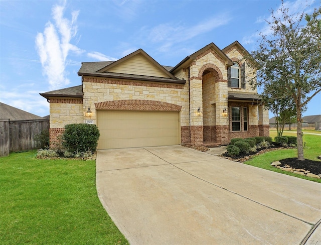 9502 Jayci Hills Ln, Cypress, TX 77433 - french country style house featuring stone siding, driveway, a garage, and brick siding