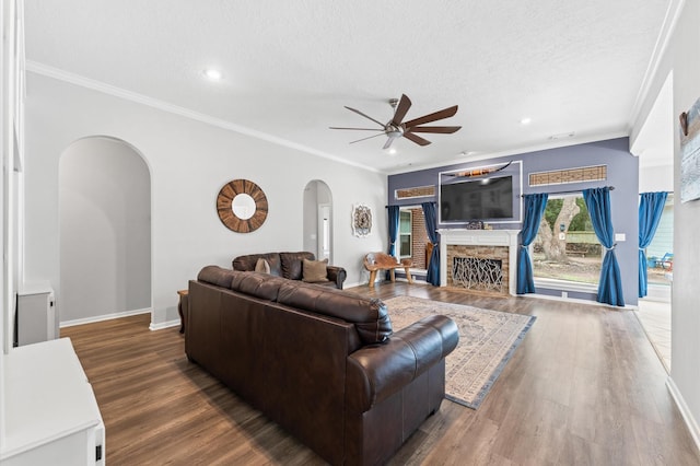3102 E Elm Cir, Katy, TX 77493 - living room featuring arched walkways, ceiling fan, crown molding, wood finished floors, and a stone fireplace
